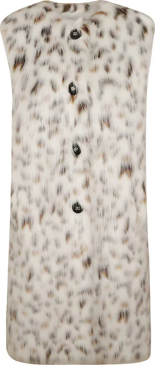 Animalier Print Fur Embellished Sleeveless Coat
