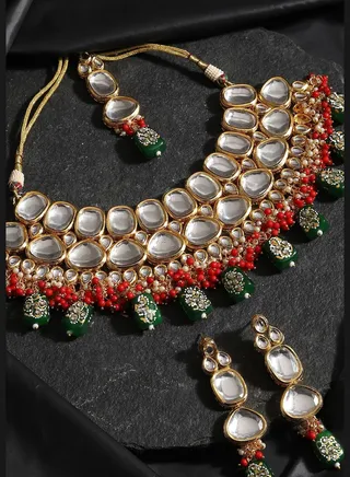 Gold Plated Designer Kundan Party Necklace, Earring and Maang Tikka Set For Women