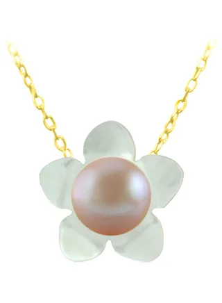 18 Karat Gold  Flower Design Pearl Pendant Necklace 