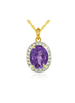 18k Gold 10mm Genuine Oval Cut Amethyst 0.12Ct Genuine Diamonds Necklace 