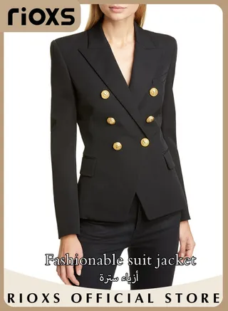 Women Business Long Sleeve Blazer with Lined Double Breasted Casual Suit Jacket with Pockets for Work Office 