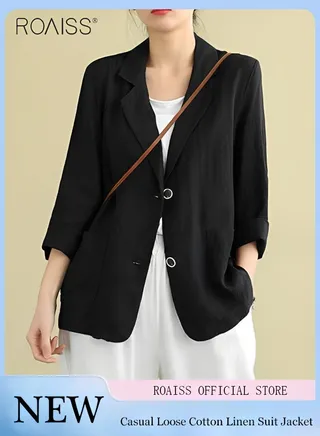 Women's Lightweight Cotton Linen Blazer Fashionable Casual Loose Long Sleeve Top 