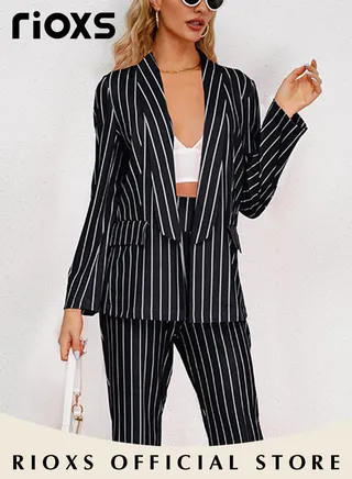 Women's 2 Pieces Strip Casual Outfits Blazer Jacket & High Waisted Wide Leg Pants for Business Work or Official Occasions 