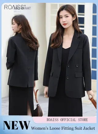 Women'S Fashion Casual Loose Blazer Classic V-Neck Versatile Jacket Side Flap Pockets With Button Closure Top 