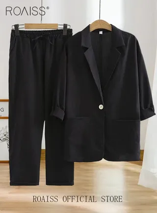 Ladies Stylish Cotton Linen 2-Piece Suit- Blazer and Cropped Trousers Set with Large Pocket Design and Belt for Daily Commute and Leisure - Simple Loose Fit 