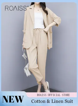 Ladies Stylish Cotton Linen 2-Piece Suit- Blazer and Cropped Trousers Set with Large Pocket Design and Belt for Daily Commute and Leisure - Simple Loose Fit 