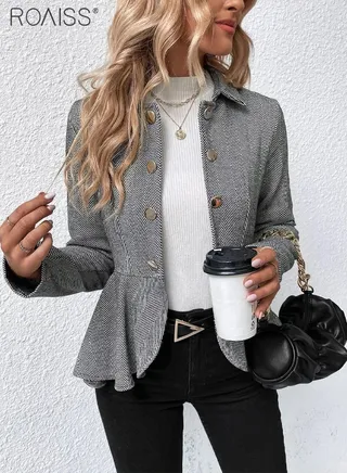 Stylish Business Blazer Women'S Daily Commuting Plaid Office Double Breasted Coat 