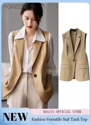 Women'S Fashion Casual Blazer Vest Classic V-Shaped Lapel Sleeveless Design Side Flap Pockets With Button Closure 