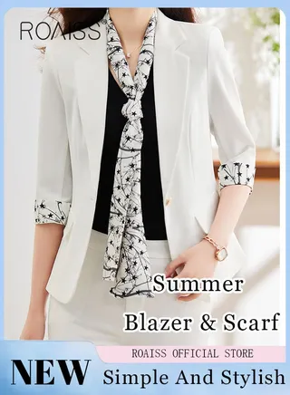 Women's White Suits with Scarf Long Sleeve Blazer Office Women's Wear Thin Casual Design Women's Blazers Lapel Long Sleeve Button Casual Business Jacket 