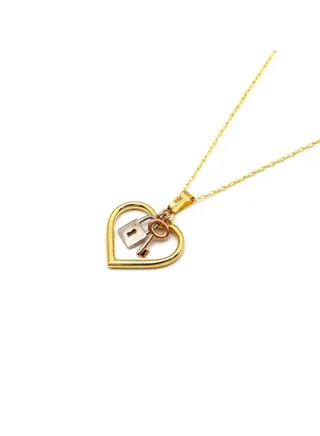 Real Gold 3 Color Heart Key Lock Necklace 