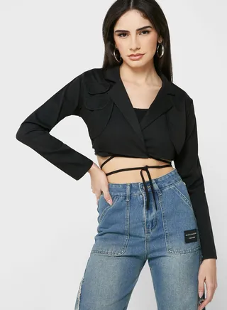 Cropped Blazer With Tie Up Detail 