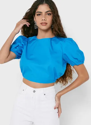 Puff Sleeve Tie Detail Crop Top