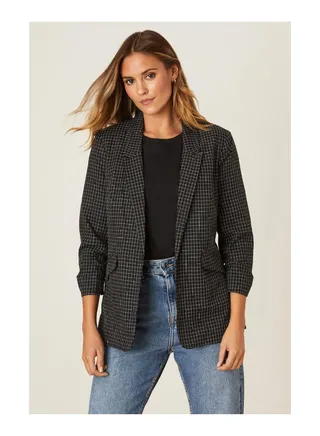 Window Pane Check Ruched Sleeve Blazer 