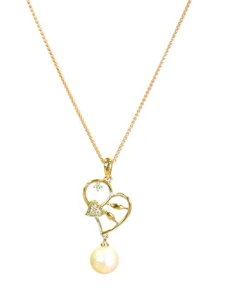 18K Gold Pearl Pendant With Diamond Necklace 