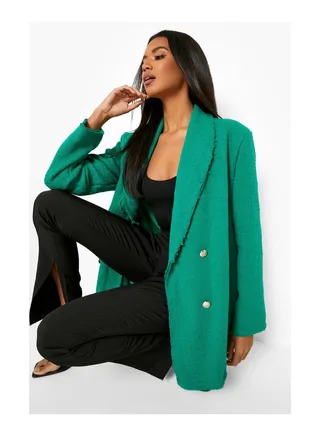 Textured Tailored Frayed Hem Blazer 