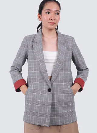 Women's Checked Insert Double Pockets Blazer in Granit Mel 
