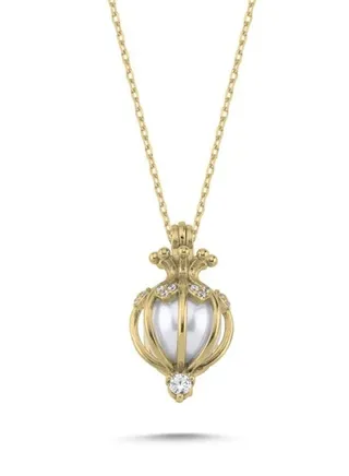 925 Sterling Silver Jewelry Gold Plated Pearl in Cage CZ Necklace 100% Precious Metal Gift for Women- Emnon44NE 