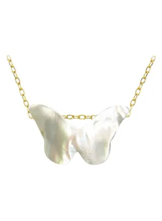 18 Karat Gold Small Butterfly Mother Of Pearl Necklace 