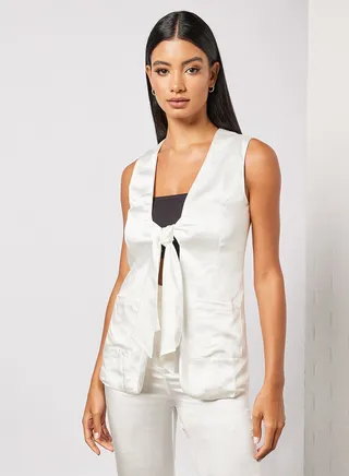 Tie-Front Sleeveless Blazer White 