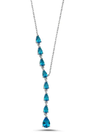 925 Sterling Silver Jewelry Rhodium Plated Teardrop Aquamarine CZ Dangle Y Necklace-Blue 100% Precious Metal Gift for Women- Emnon48NE 