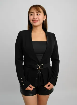 Women’s Belted Business Blazer Long Sleeves in Black 