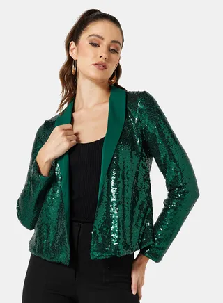 Sequin Open Front Blazer Green 