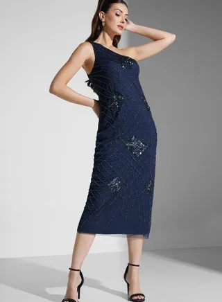 One Shoulder Embellished Midi Dress