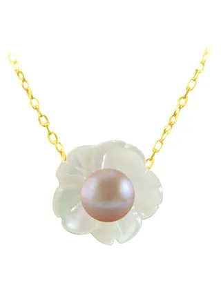 18 Karat Solid Yellow Gold Mother Of Pearl Shell With 4 mm Pearl Pendant Necklace 
