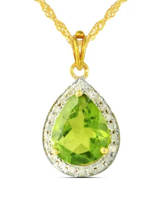 18K Gold Genuine Diamond Drop Cut Peridot Pendant Necklace 0.12 Carat 