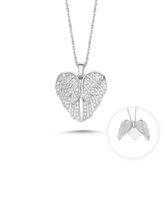 925 Sterling Silver Jewelry Rhodium Plated Wings & Heart CZ Movable Necklace 100% Precious Metal Gift for Women- Emnon50NE 
