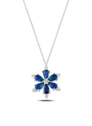 925 Sterling Silver Jewelry Rhodium Plated Lotus Flower Sapphire CZ Necklace 100% Precious Metal Gift for Women- Emnon55NE 