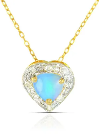18K Solid Gold And 0.08Cts Diamonds And 5mm Genuine Ethiopian Opal Heart Necklace 