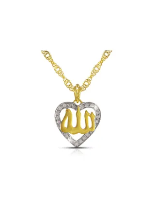 18K Solid Gold And 0.12Cts Diamonds Heart Allah Necklace 