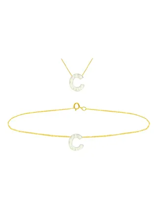 18K Gold C Letter Mother Of Pearl Necklace With Bracelet 