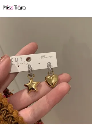 S925 Silver Post micro-inlaid zircon gold and silver star heart-shaped fashion earrings 