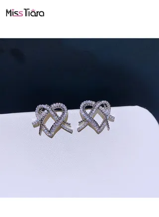 S925 Silver Needle Exquisite Fashion Micro-inlaid Zircon Knotted Heart Shape Stud Earrings 