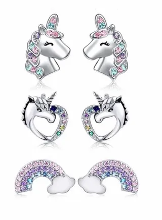 Stud, Unicorn, Earrings for Little Girls, Glitter Crystal Unicorn Earrings, Unicorn Heart Rainbow Earrings Set, for Daughter Birthday Party Christmas Present, 3 Pairs 