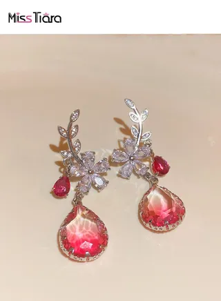 Silver Needles Gradient Pink Zircon Flower Branches Drop Shape Earrings For Ladies 