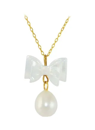 18 Karat Gold Pearl And Bow Mother Of Pearl Necklace 