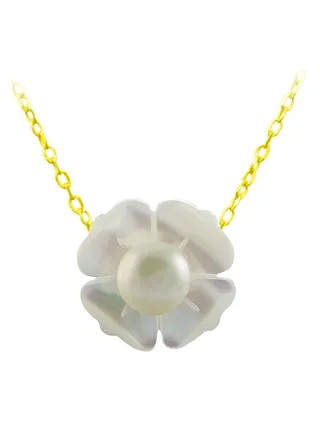 18 Karat Solid Yellow Gold 13 mm Mother Of Pearl Flower Shape With 4 mm Pearl Pendant Necklace 