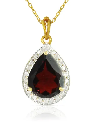 18K Gold Genuine Diamond Drop Cut Garnet Pendant Necklace 0.12 Carat 