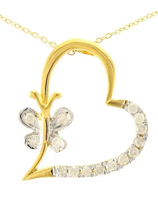 18K Solid Gold And 0.15Cts Diamonds Butterfly Heart Necklace 