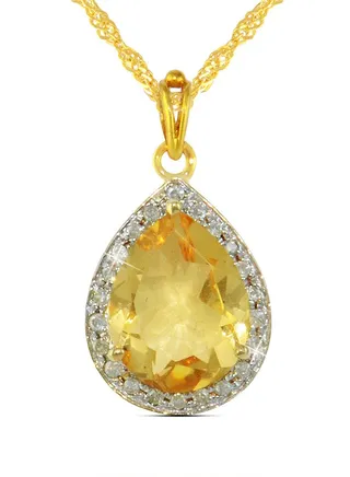 18K Gold Genuine Diamond Drop Cut Citrine Pendant Necklace 0.12 Carat 
