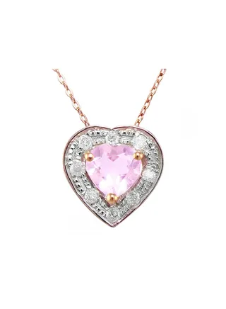 18K Rose And Gold And 0.08cts Diamonds And 5mm Genuine Rose Quartz Heart Necklace 