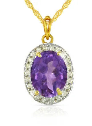 18K Gold Genuine Diamond Oval Cut Amethyst Pendant Necklace 0.12 Carat 