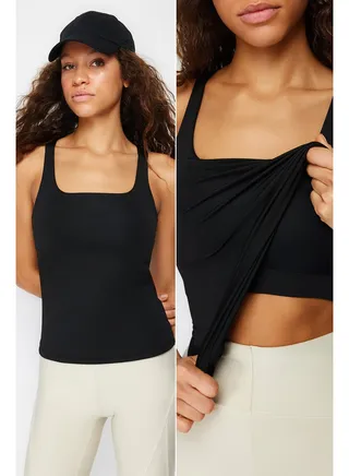 Black Compression 2 Layer Padded Sports Bra Square Neck Knitted Sports Top/Blouse THMSS24BZ00002 