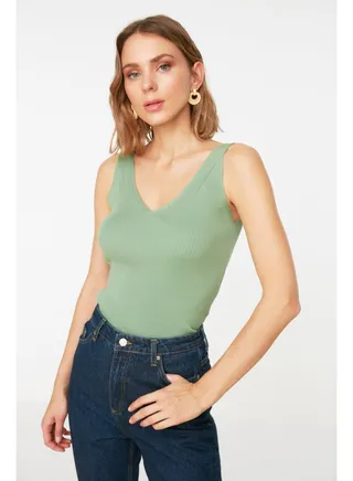 Mint Strap V-Neck Knitwear Blouse 