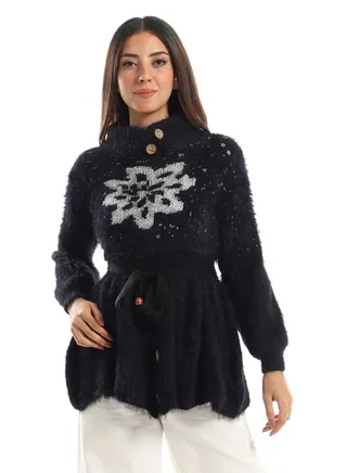 Womens Wool Shirt WithHighNeck And Flower Design 