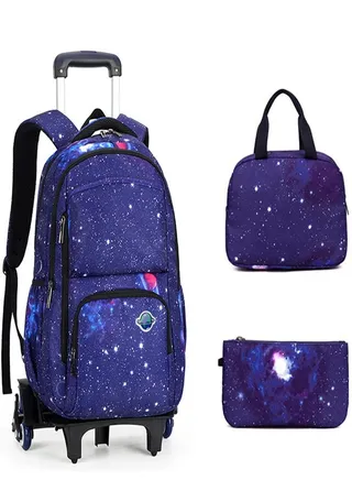 Three-Piece Trolley School Bag, Lunch Bbox Bag, Pencil Case, Large-Capacity Waterproof Bag 