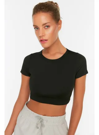 Black Crop Light Support Soft Texture Crew Neck Knitted Sports Top/Blouse TWOAW21BZ0158 